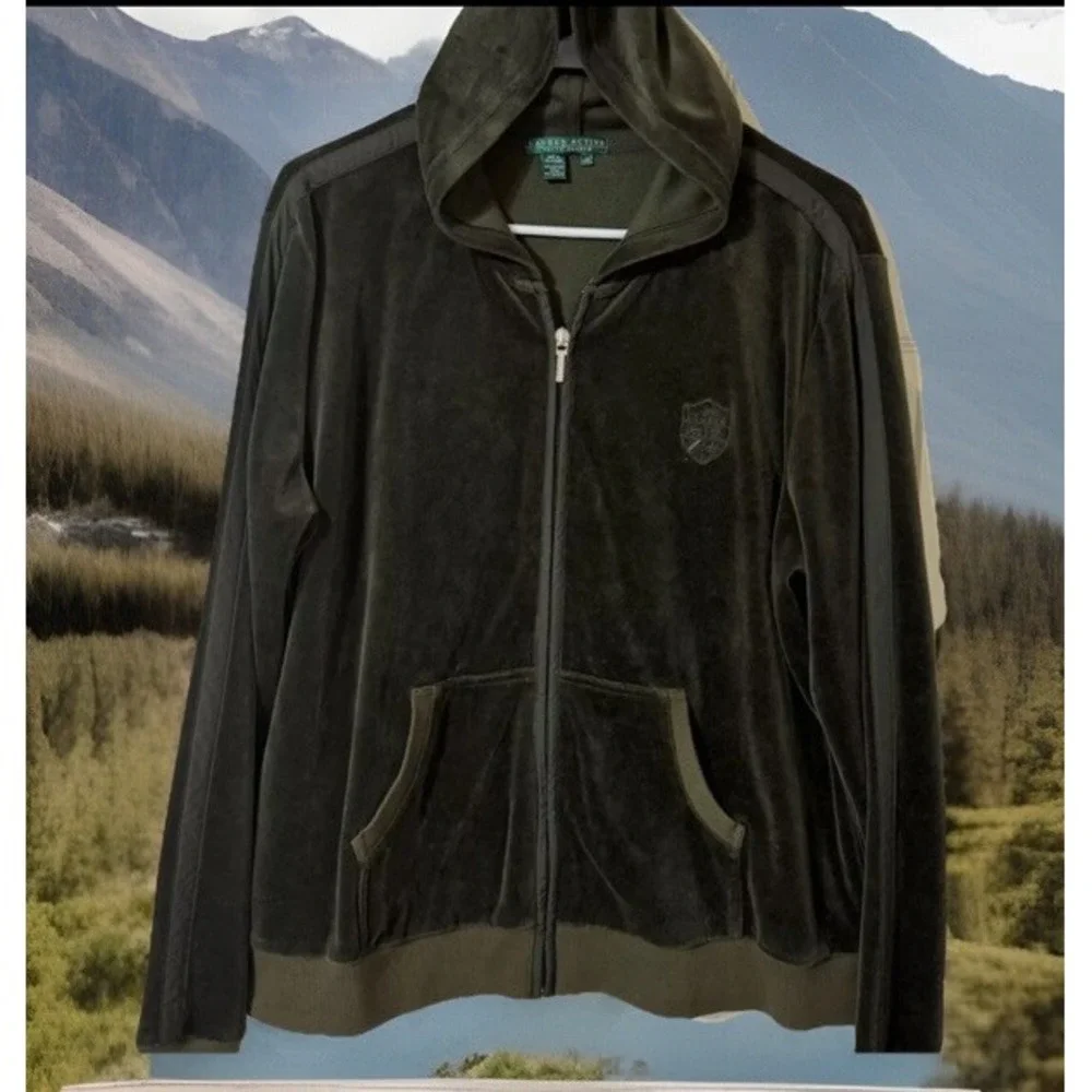 EUC Y2K Lauren Active Ralph Lauren  Green Velour Track Jacket‎ Hoodie-L